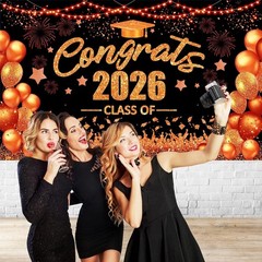 Orange and Black Graduation Decorations Class of 2026 Banner