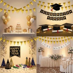 20M/65FT Gold Triangle Pennant Banner Flag Metallic Fabric Bunting Garland fo…