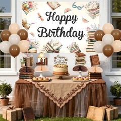 Vintage Brown Book Decorations Set – Storybook Happy Party Balloon, Banner, C…