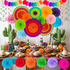35PCS Hispanic Heritage Fiesta Decor: Paper Fans & Hanging Garlands