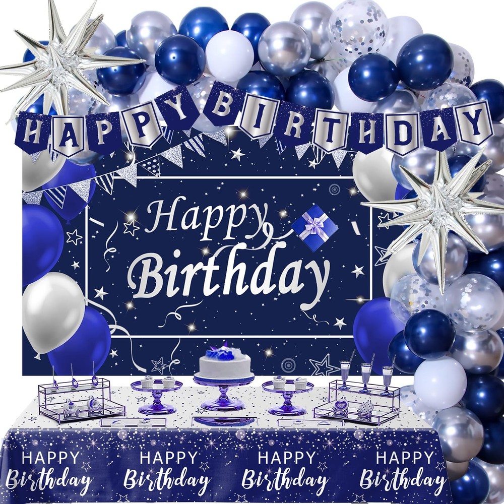 Navy Blue Birthday Decorations for Men Boys Women Girls, 80 PCS Blue and Silv…