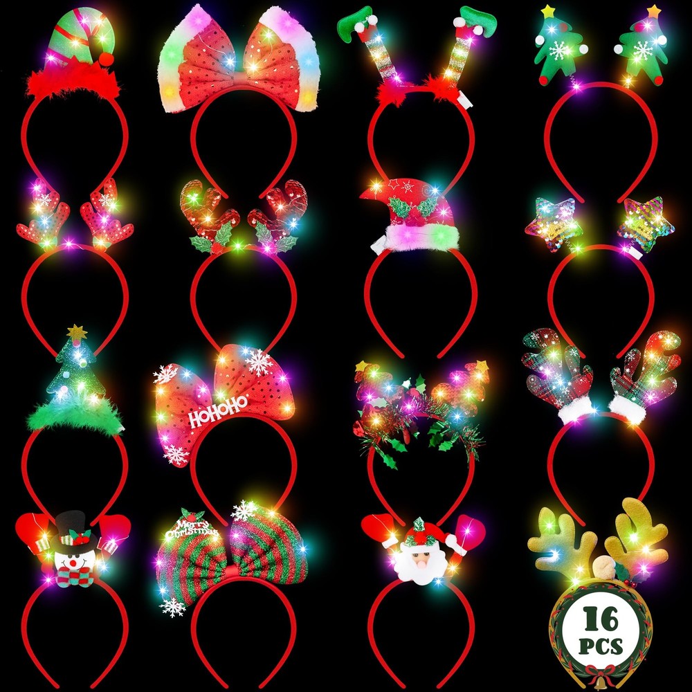 16 PCS Light Up Christmas Headband, LED Lights Christmas Head Topper, Santa H…