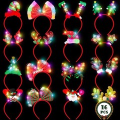 16 PCS Light Up Christmas Headband, LED Lights Christmas Head Topper, Santa H…