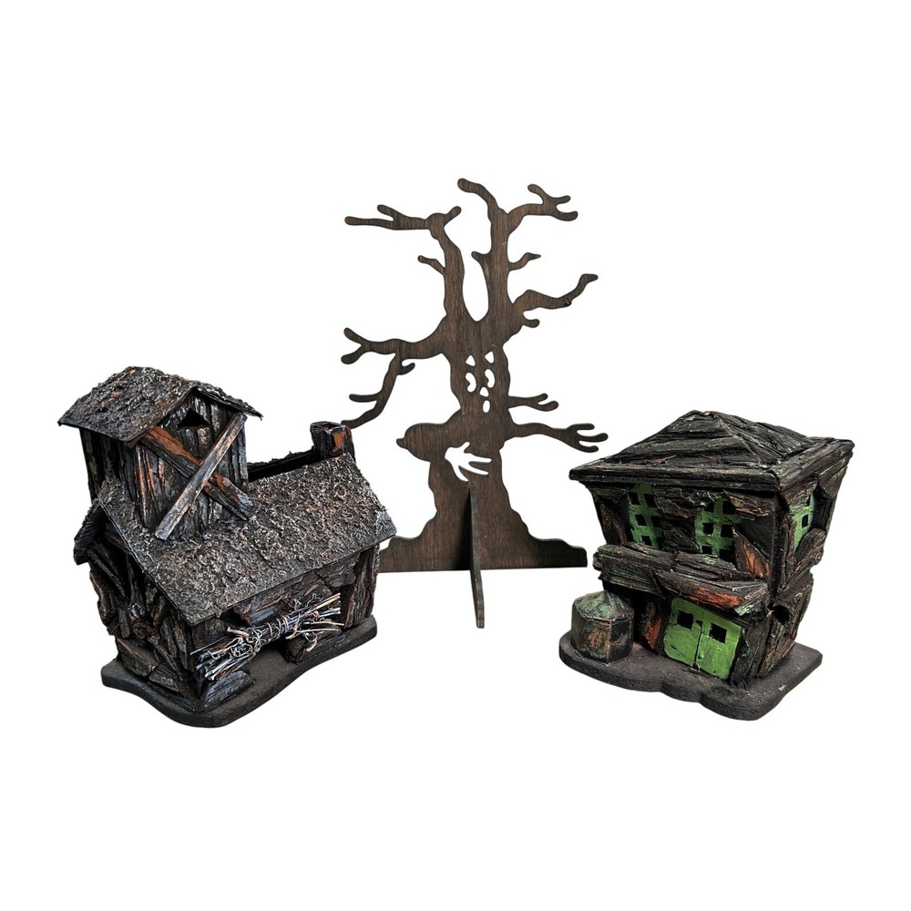 Creepy Halloween Houses + Haunted Tree Cutout – Handcrafted VTG Fall Party Decor