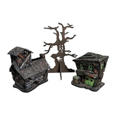 Creepy Halloween Houses + Haunted Tree Cutout – Handcrafted VTG Fall Party Decor