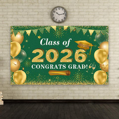 Graduation Decorations Congrats Grad Class of 2026 Backdrop – Green and Gold Gra