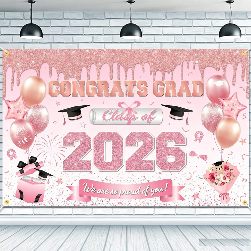 Pink Class of 2026 Congrats Grad Prom Backdrop Photo Background Party Banner