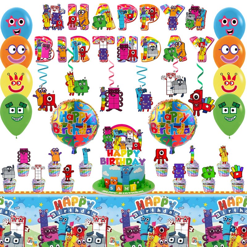 35 Pcs Number Blocks Birthday Party Supplies Decorations Set Banner Tablecloth