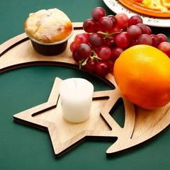 2 Set Ramadan and Eid Wooden Moon and Star Tray Tableware Decoration