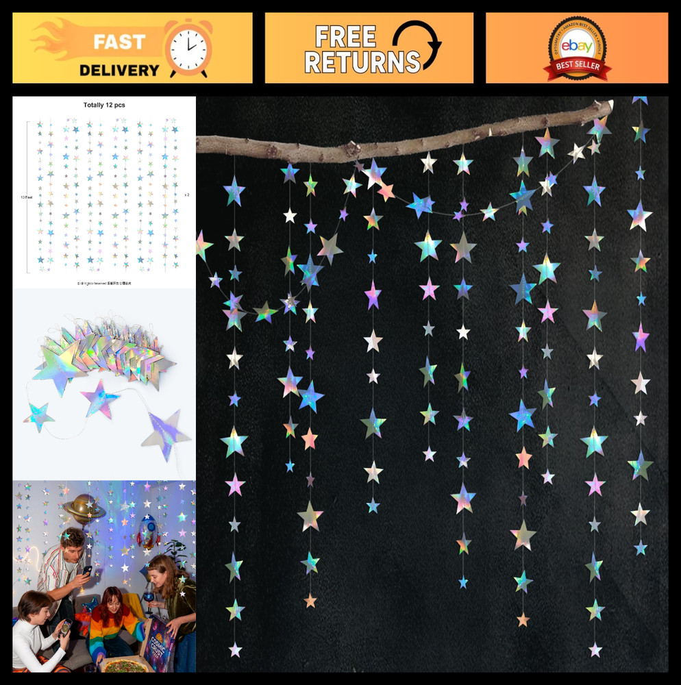 Iridescent Star Garland 156ft – Holographic Streamer Banner for Space Birthday P