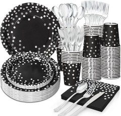 High-Quality Disposable Black and Silver Party Set – Easy Cleanup for 24 Guests