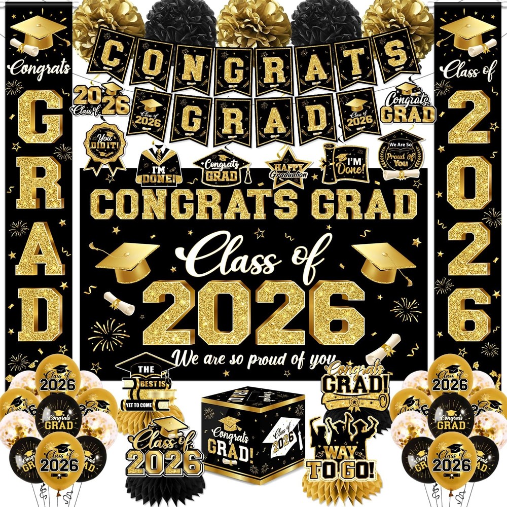 2026 Graduation Decorations – Black Gold Congrats Grad Party Supplies