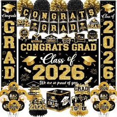 2026 Graduation Decorations – Black Gold Congrats Grad Party Supplies