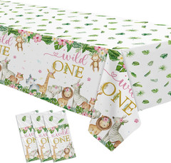 Wild One Birthday Decorations Girl Tablecloth, 3Pcs Disposable Zoo Animal Jungle
