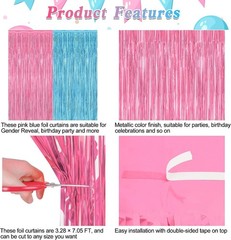 2 Pack Pink Blue Foil Curtains | Elegant Gender Reveal Backdrop, 3.28 x 7.05 FT