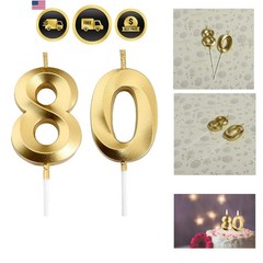 Birthday Candles Gold Number 80 Cake Topper for Party Decorations