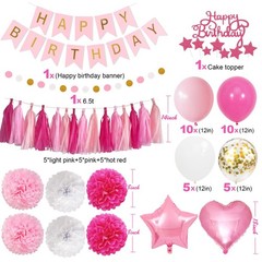 Pink Red Happy Party Decorations kits for Girls with Happy Banner, Fringe Cur…