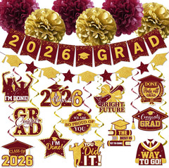 Maroon Graduation Decorations 2026, 2026 Grad Banner and Congrats Grad Hanging S