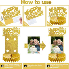 8Pcs Gold Happy Wedding Anniversary Decorations Honeycomb Centerpiece, Gold Glit
