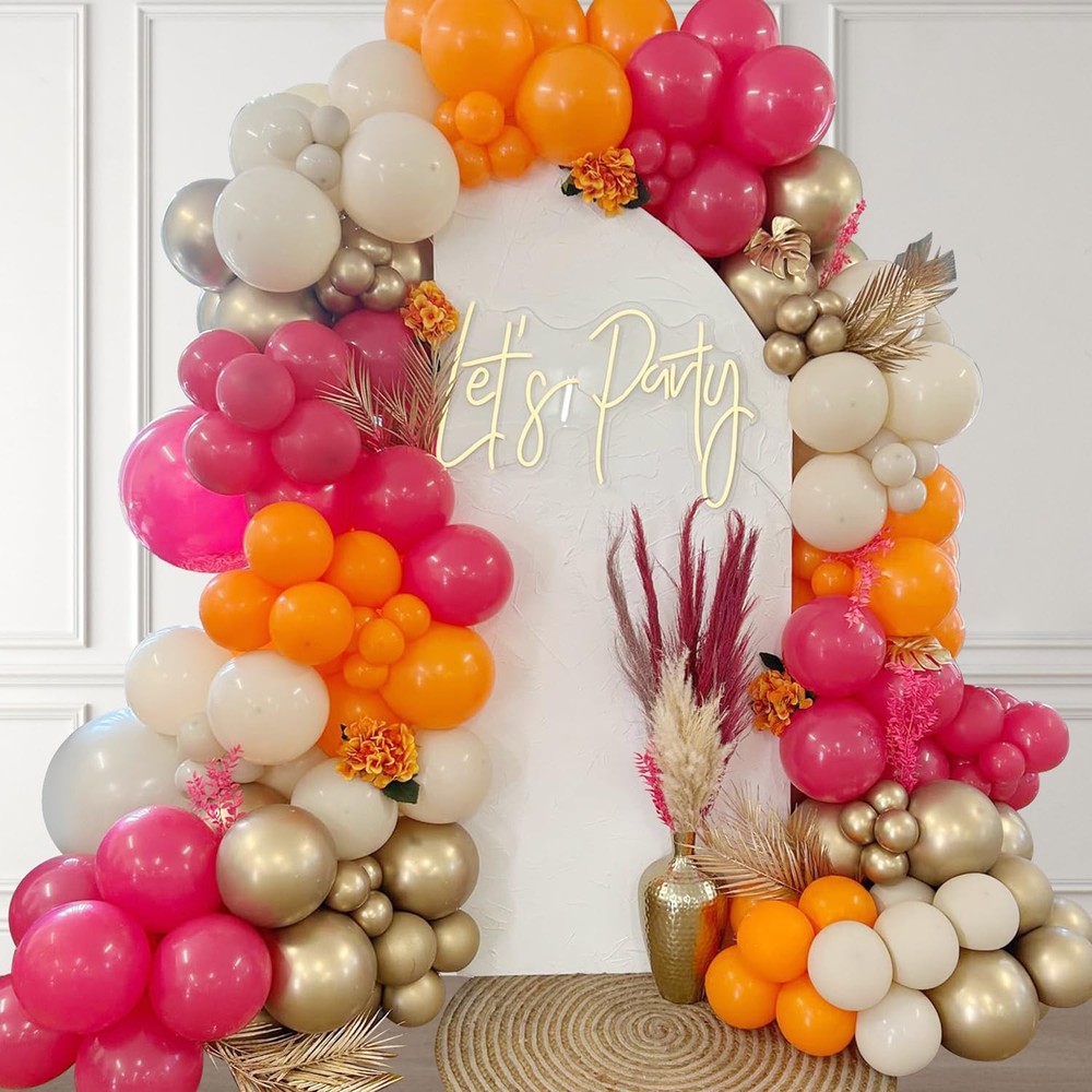 144Pcs Hot Pink and Orange Balloon Arch Garland Kit,Bright Pastel Pink Orange…