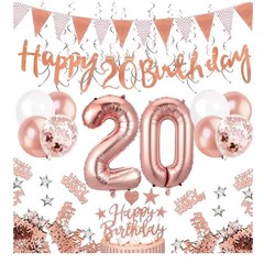 20th Birthday Party Decorations, Glam Rose Gold 20th Birthday Banners & Balloons