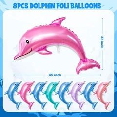 8PCS Dolphin Balloons Foil, 45IN Large Dolphin Balloons for Party Decorations