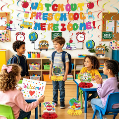 Back to School Decorations-Watch Out Preschool Banner, Hanging Swirls and Honeyc