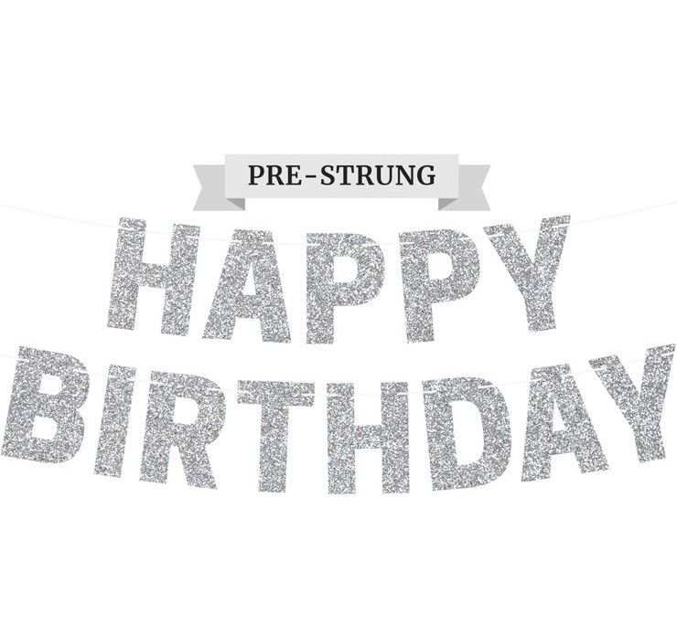 Pre-Strung Happy Birthday Banner No DIY Silver Glitter Birthday Banner 2 Pack