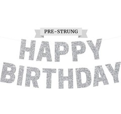 Pre-Strung Happy Birthday Banner No DIY Silver Glitter Birthday Banner 2 Pack