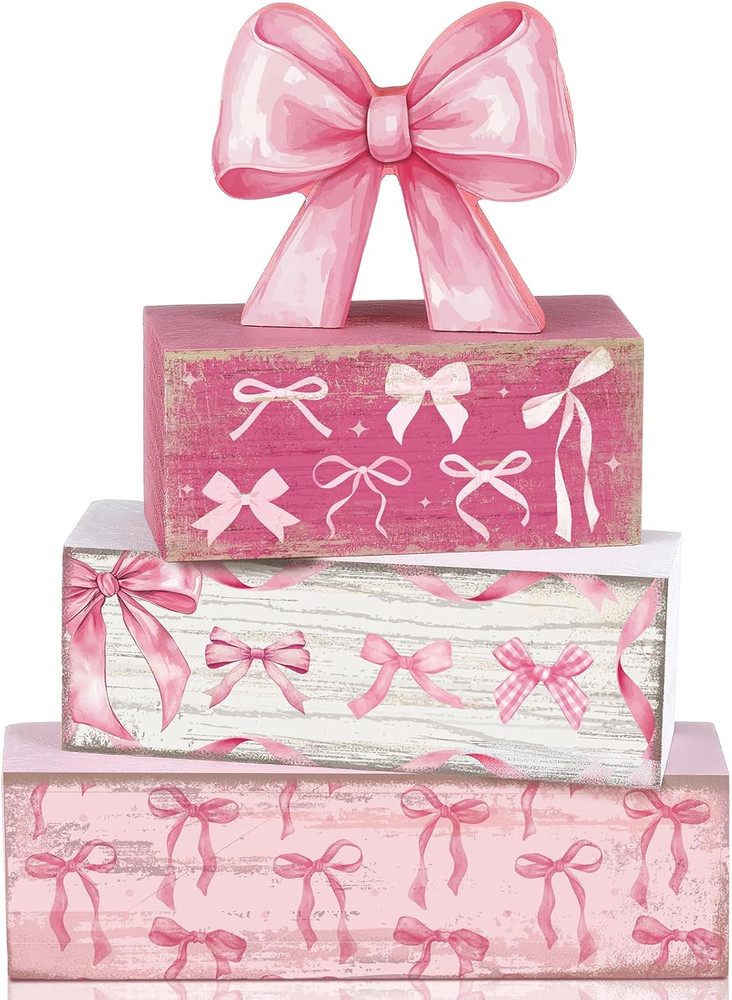 4 Pcs Pink Bow Party Decorations Coquette Table Decor Wooden Pink Bow Block S…