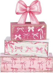 4 Pcs Pink Bow Party Decorations Coquette Table Decor Wooden Pink Bow Block S…