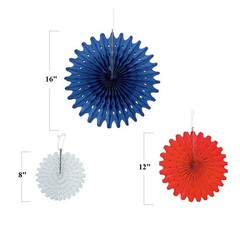 12-PC Red White Blue Hanging Tissue Paper Fans Patriotic Decor 8″-16″Dia #954