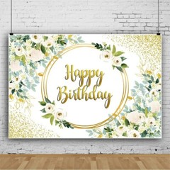 Happy Birthday Backdrop Gold and Green Eucalyptus Leaf Party Deco 7x5ft Polyeste
