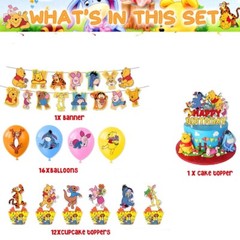 Winnie The Pooh Theme Birthday Party Decorate Set,Banner Balloons Cake Toppers