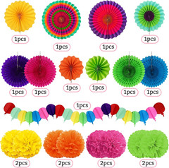Fiesta Party Decorations, Multicolored Paper Pompoms Fan Garlands for Mexican Pa