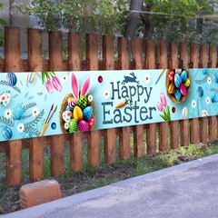 Wuhetyo Happy Easter Banner 120″ x 20″ Outdoor Party Supplies Backdrop Bunny …