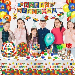 173 PCS Building Block Party Supplies – Plates, Napkins, Cups, Cutlery & Balloon