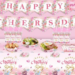 Janinus 162PCS Mothers Day Party Supplies Banner Tablecloth Heart Floral