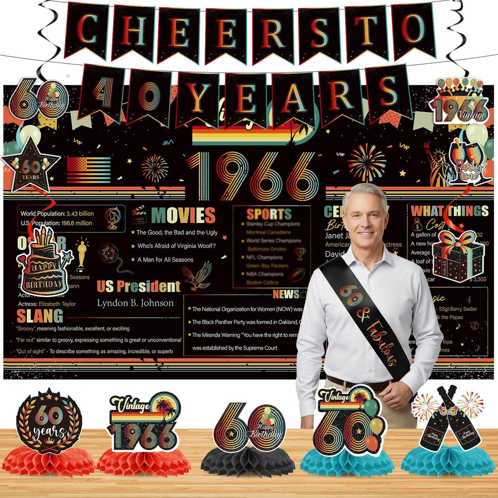 60Th Birthday Decorations for Men Women – 14PCS Vintage 1966 Birthday Banners Ha