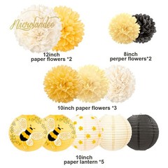 Bee Party Decorations, 12PCS Yellow Hanging Paper Lanterns Tissue Pom Poms De…
