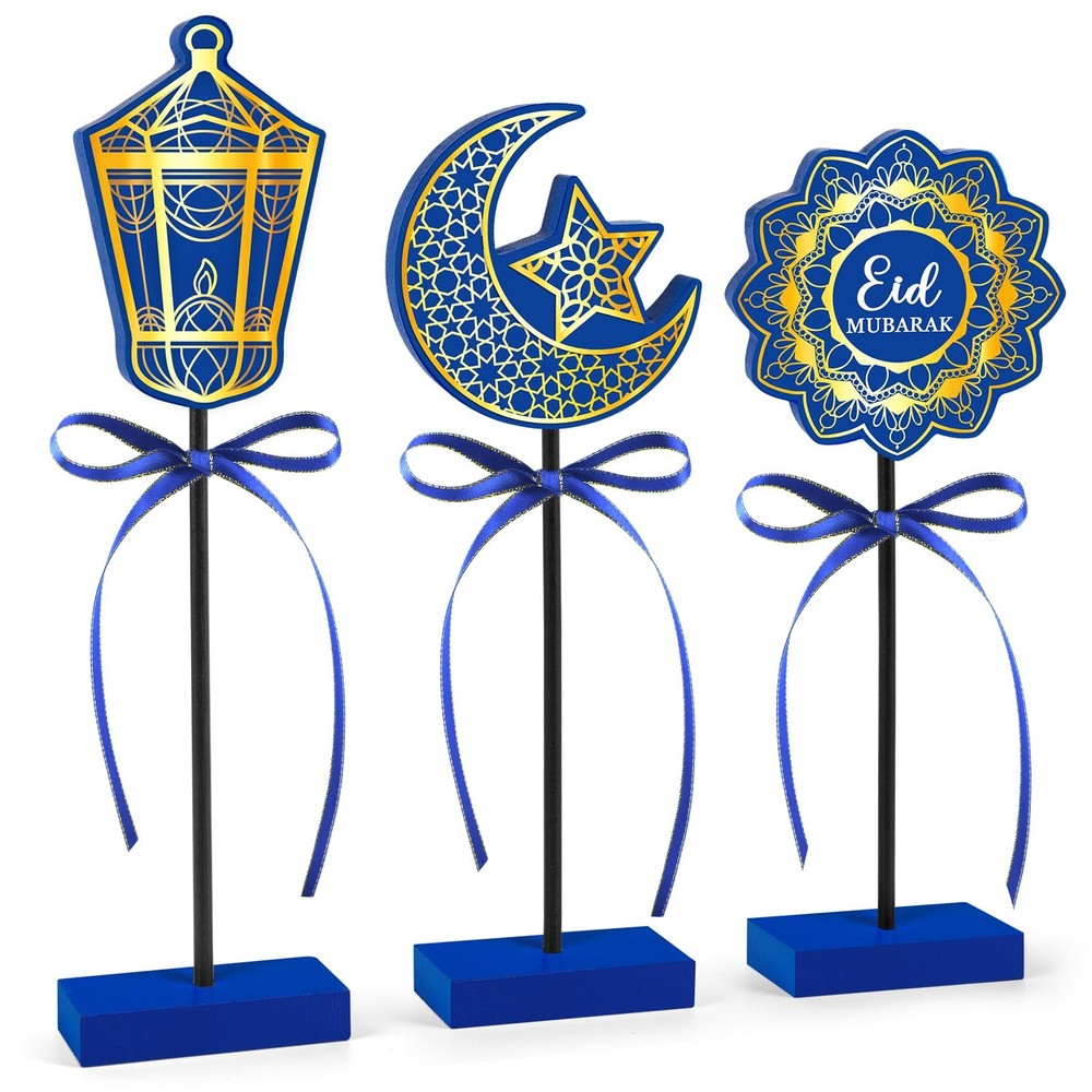 3 PCS Ramadan Table Decorations Wooden Eid Mubarak Signs Rustic Blue.Classic