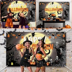 Happy Birthday Halloween Backdrop,Horror Theme Pumpkin,Ghouls,spide,Moon,Witch P