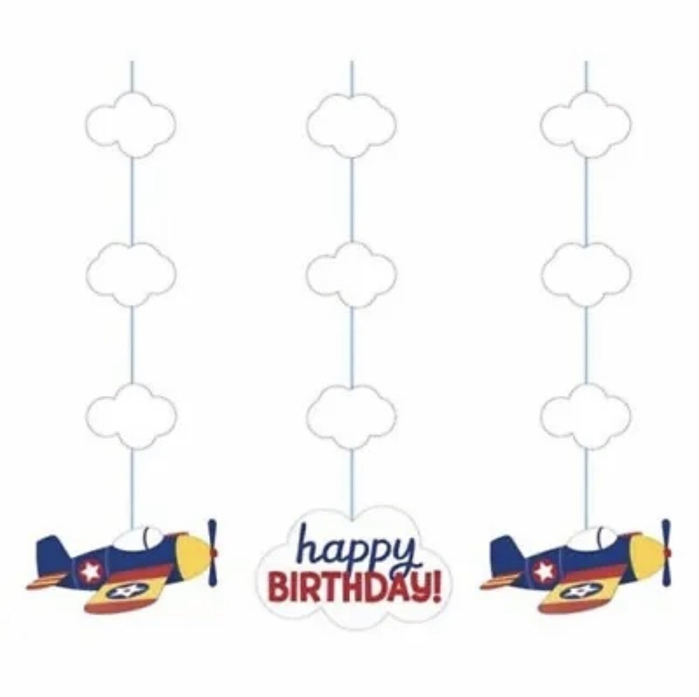 Lil Flyer Airplane Happy Birthday Hanging Cutout Decorations 3 Pack 36″ Paper