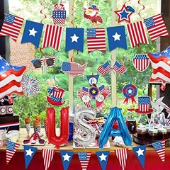 USA Party Decorations, Red Blue White Decorations with American Flag Banner,