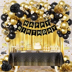 Birthday Decorations for Men Women, Black and Gold Party Decorations, Happy Birt