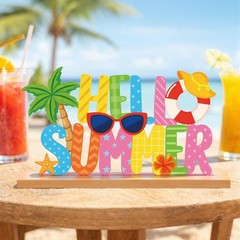 Hello Summer Metal Sign Rustic Table Top Decor Tiered Tray Wood Base Center