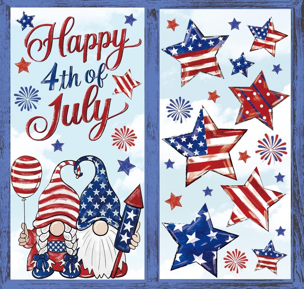 6 Sheets Patriotic Window Clings Happy 4th of July Window Decal USA Gnome Star
