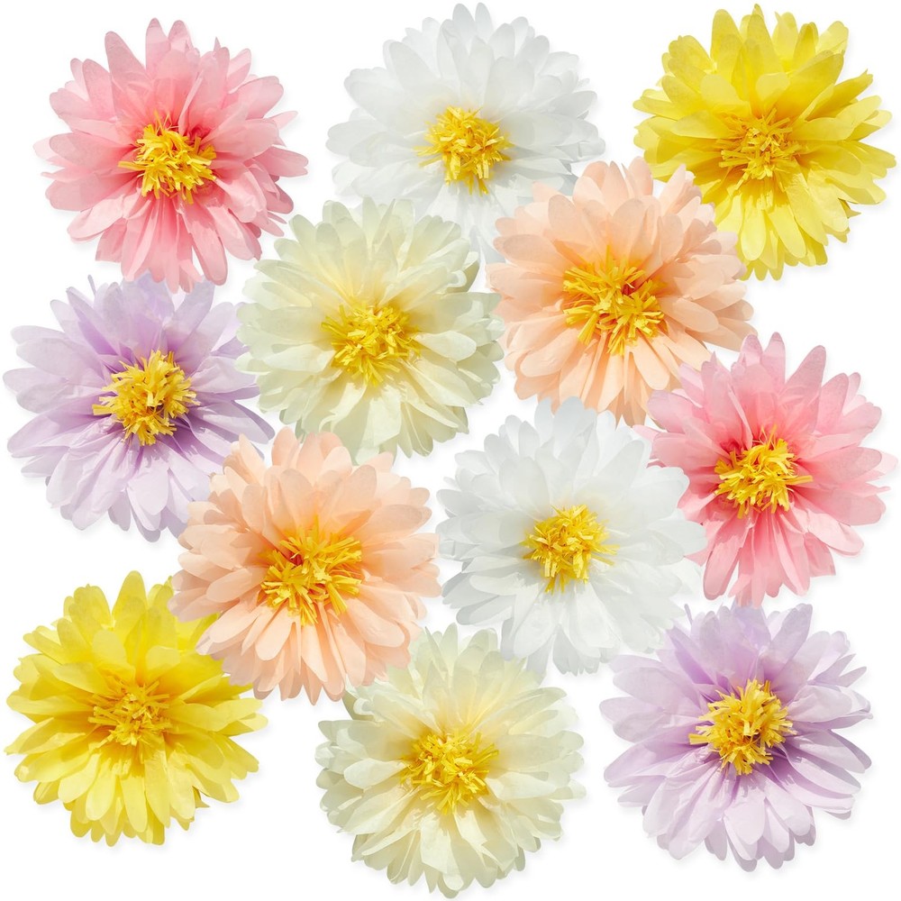 12 Pcs Daisy Tissue Paper Pom Poms Party Decorations 4 inches, Colorful