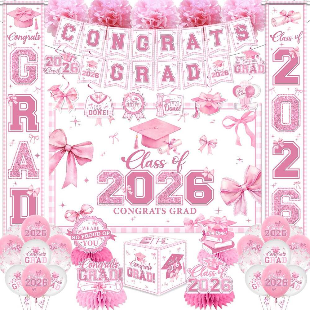 Pink Bow Graduation Decorations 2026 Set, All-In-1 Coquette Kit with Congrats Gr