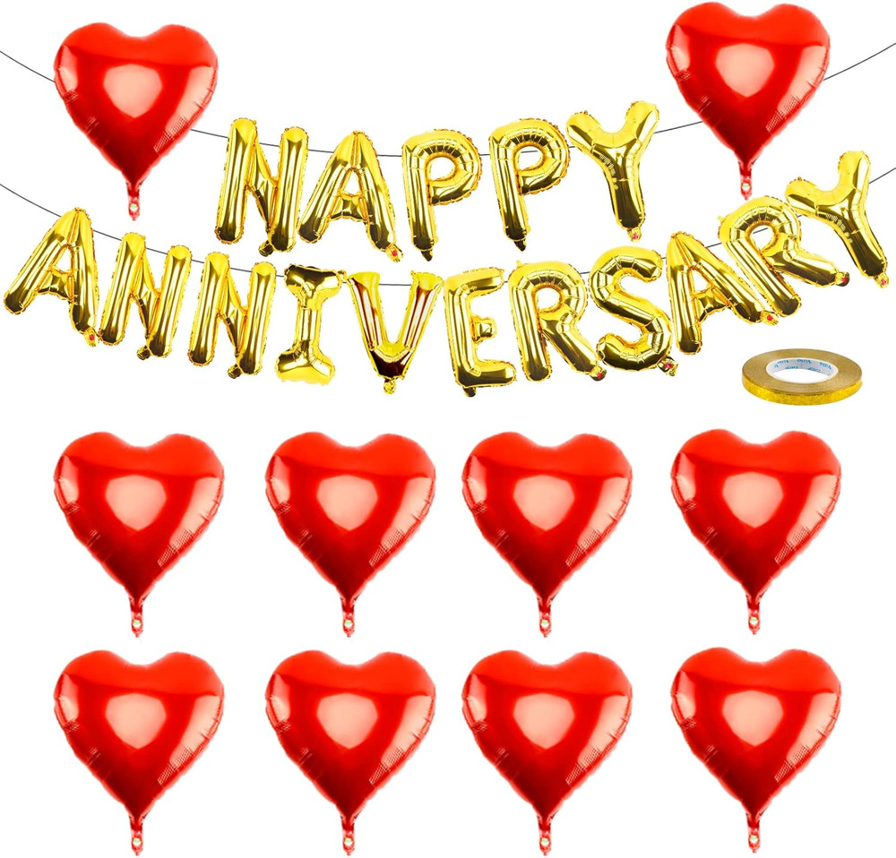 Happy Anniversary Balloons – 16 Inch Gold Anniversary Letters Banner & 18 Inch H